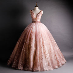 Bridesmaid Dresses Blush, Gorgeous Pink V-neckline Beaded Ball Gown Formal Dresses, Pink Sweet 16 Dresses