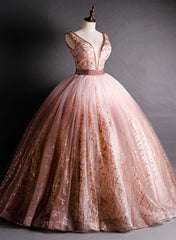 Bridesmaids Dresses Summer Wedding, Gorgeous Pink V-neckline Beaded Ball Gown Formal Dresses, Pink Sweet 16 Dresses
