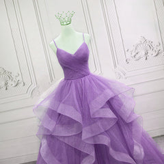 Prom Dresses Sleeve, Gorgeous Purple Straps Layers Tulle V-neckline Long Evening Dress, Light Purple Prom Dresses