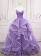 Prom Dresses Sleeves, Gorgeous Purple Straps Layers Tulle V-neckline Long Evening Dress, Light Purple Prom Dresses