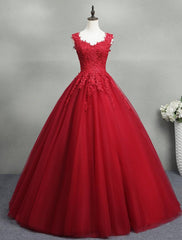 Party Dress Purple, Gorgeous Red Ball Gown Sweet 16 Gown, Red Tulle with Lace Applique Party Dresses
