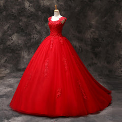 Bridesmaid Dresses Blue, Gorgeous Red Tulle Ball Gown Long Formal Dress with Lace Flowers, Red Sweet 16 Dresses