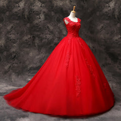 Bridesmaids Dresses Wedding, Gorgeous Red Tulle Ball Gown Long Formal Dress with Lace Flowers, Red Sweet 16 Dresses