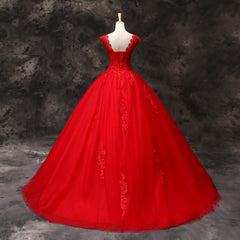 Bridesmaid Dress Wedding, Gorgeous Red Tulle Ball Gown Long Formal Dress with Lace Flowers, Red Sweet 16 Dresses