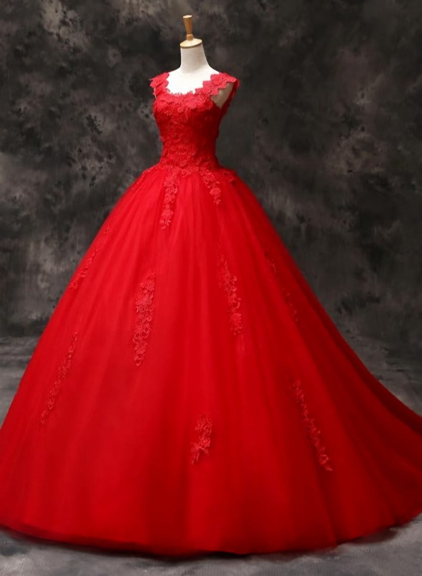Bridesmaid Dress Outdoor Wedding, Gorgeous Red Tulle Ball Gown Long Formal Dress with Lace Flowers, Red Sweet 16 Dresses