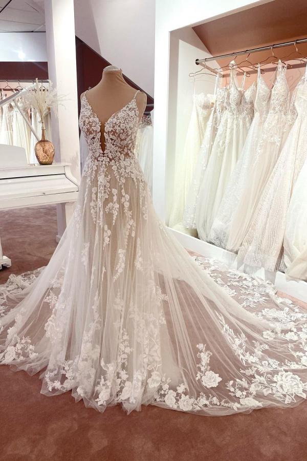 Wedding Dress Near Me, Gorgeous Spaghetti-Straps Lace Wedding Dress Tulle Sleeveless Bridal Gowns