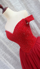 Prom Dressed 2026, Gorgeous Sparkle Beaded Off Shoulder Red Formal Dress, Red Homecoming Dresses