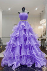 Formal Dress Long Gowns, Gorgeous Strapless Layered Purple Tulle Long Prom Dresses with Belt, Purple Formal Evening Dresses, Purple Ball Gown