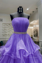 Formal Dresses Long Gowns, Gorgeous Strapless Layered Purple Tulle Long Prom Dresses with Belt, Purple Formal Evening Dresses, Purple Ball Gown