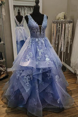 Formal Dress For Teens, Gorgeous V Neck and V Back Blue Tulle Lace Long Prom Dresses, Puffy Blue Lace Formal Evening Dresses