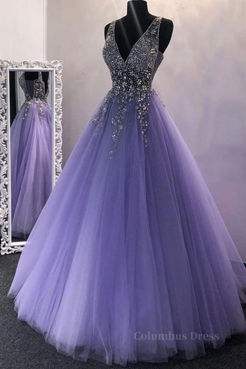 Long Gown, Gorgeous V Neck Beaded Purple Tulle Long Prom Dress, V Neck Purple Formal Evening Dress, Purple Ball Gown