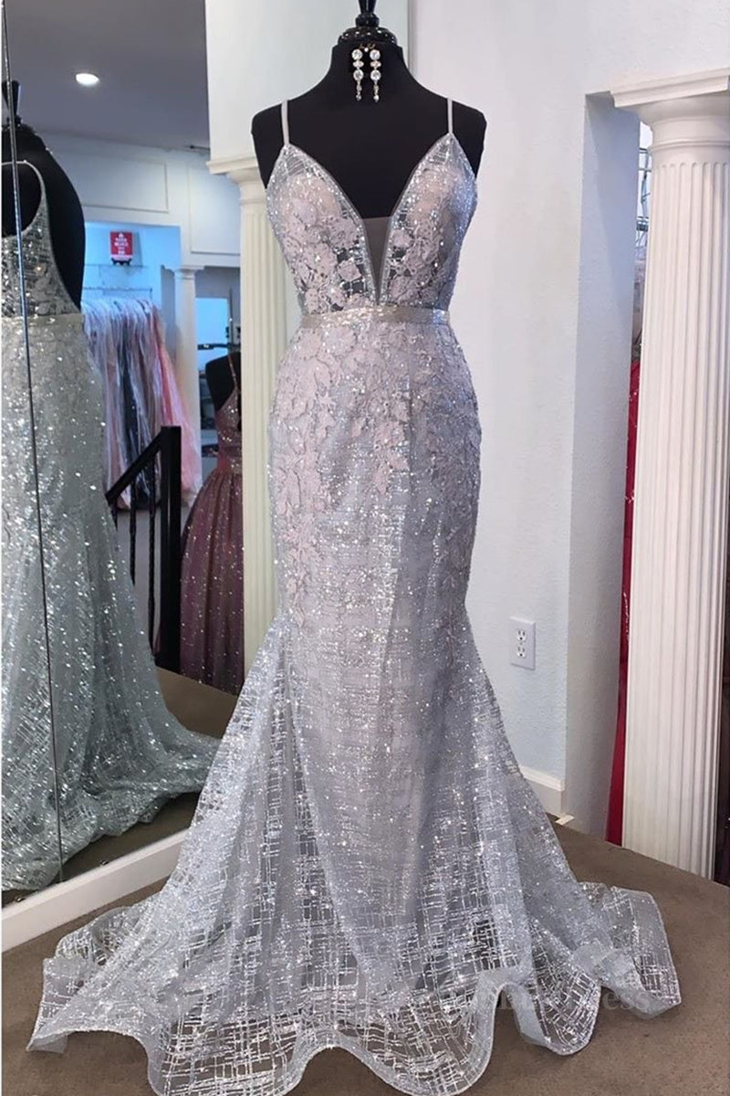 Homecoming Dresses 2028, Gorgeous V Neck Mermaid Backless Silver Gray Prom Dress, Mermaid Silver Gray Formal Dress, Backless Silver Gray Evening Dress