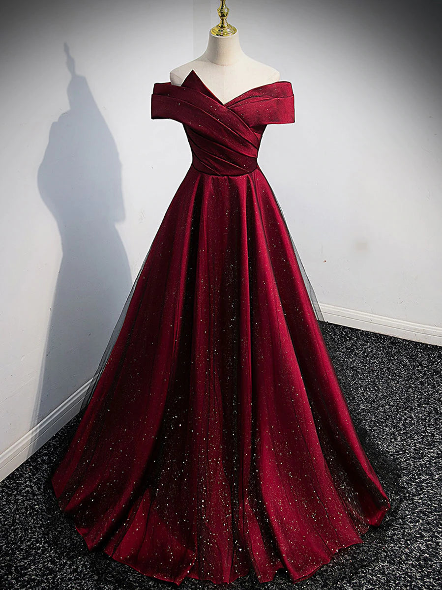 Prom Dresses For Sale, Gorgeous Wine Red Satin Off Shoulder Party Dress , Wine Red Prom Dresses