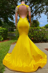 Party Dress Miami, Gorgeous Yellow Long Mermaid Tassel Off the Shoulder Satin Backless Prom Dress with Ruffles