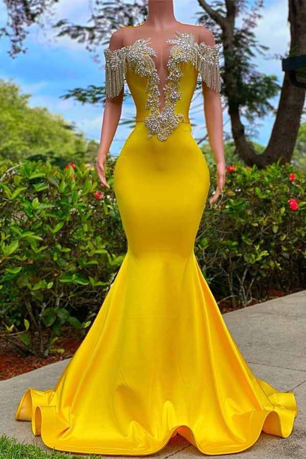 Party Dress Short Clubwear, Gorgeous Yellow Long Mermaid Tassel Off the Shoulder Satin Backless Prom Dress with Ruffles