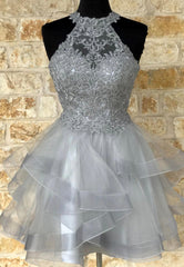 Prom Dresses Yellow, Grey Lace Short Prom Dresses, A-Line Homecoming Dresses