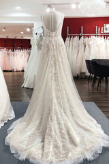 Wedding Dresses For Bridesmaids, Graceful Long A-line Tulle V-neck Lace Backless Wedding Dresses