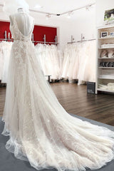 Wedding Dress Trends, Graceful Long A-line Tulle V-neck Lace Backless Wedding Dresses