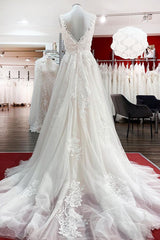 Wedding Dress Under 505, Graceful Long A-line Tulle V Neck Lace Open Back Wedding Dresses