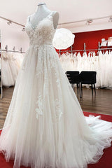 Wedding Dress Tulle, Graceful Long A-line Tulle V Neck Lace Open Back Wedding Dresses