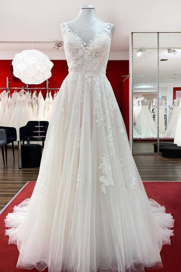 Wedding Dresses With Long Sleeves, Graceful Long A-line Tulle V Neck Lace Open Back Wedding Dresses