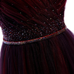 Homecoming Dresses With Sleeves, Gradient Beaded Wine Red Tulle Long Party Dress, A-line Wine Red Prom Formal Dresses