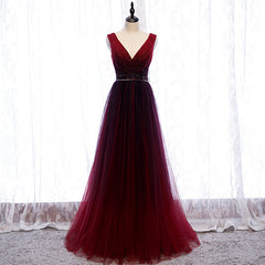Homecoming Dresses Knee Length, Gradient Beaded Wine Red Tulle Long Party Dress, A-line Wine Red Prom Formal Dresses