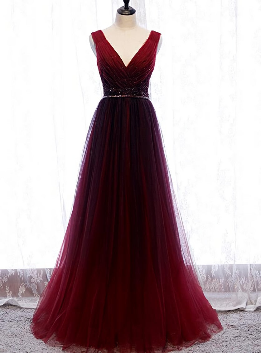 Homecoming Dress Pink, Gradient Beaded Wine Red Tulle Long Party Dress, A-line Wine Red Prom Formal Dresses