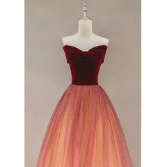 Evening Dresses On Sale, Gradient Red Tulle with Velvet Long Party Dress, Cute Floor Length Formal Dress