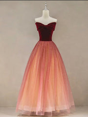 Evening Dresses Long, Gradient Red Tulle with Velvet Long Party Dress, Cute Floor Length Formal Dress