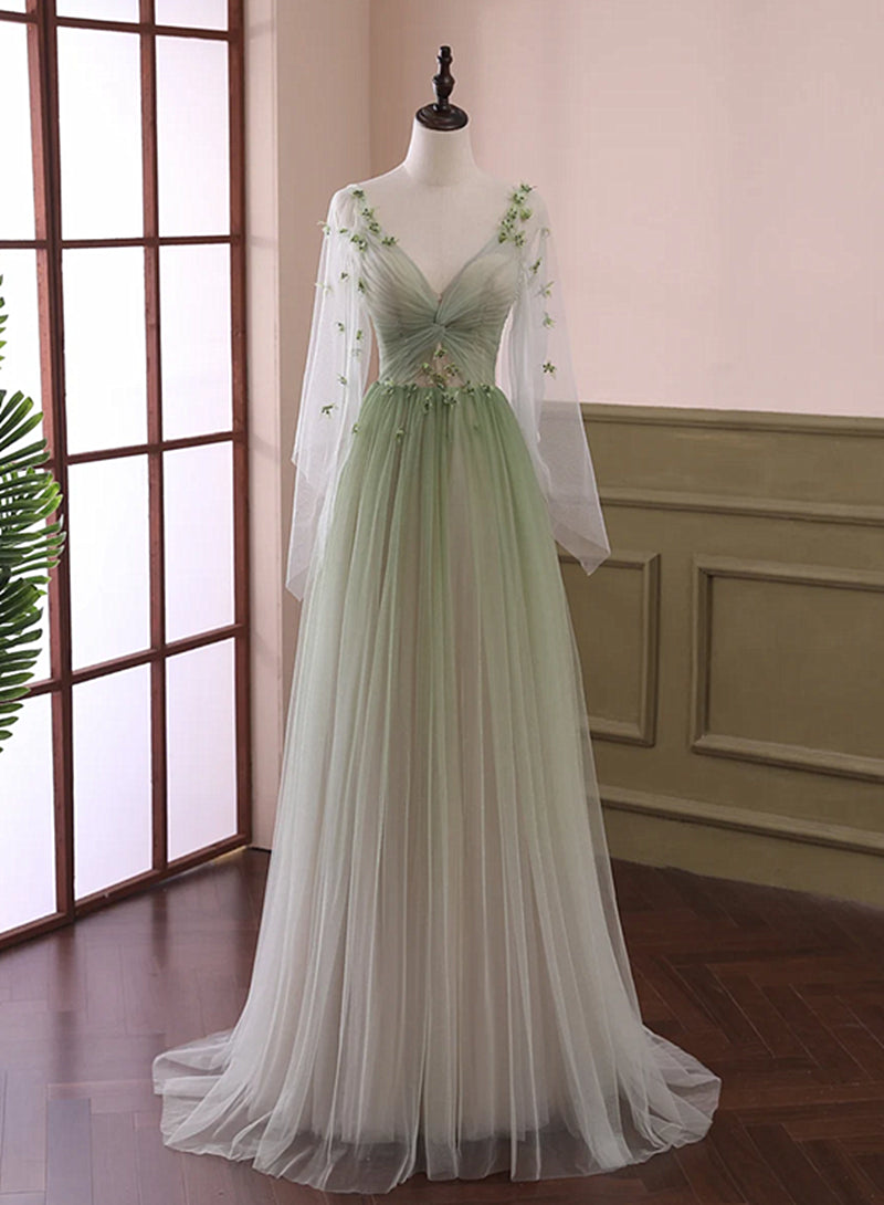 Homecoming Dress Formal, Gradient Tulle Green Beaded Long Sleeves Party Dress, Green Formal Dress