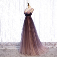 Homecoming Dresses, Gradient V-neckline Tulle Long Prom Dress Party Dress, Gradient Evening Gown