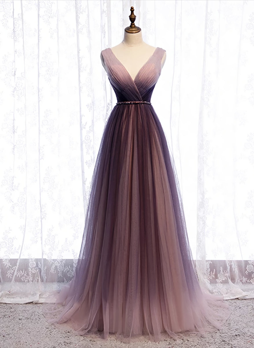 Homecoming Dresses Chiffon, Gradient V-neckline Tulle Long Prom Dress Party Dress, Gradient Evening Gown