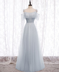Homecoming Dresses Unique, Gray A line Tulle Long Prom Dress, Gray Formal Bridesmaid Dress