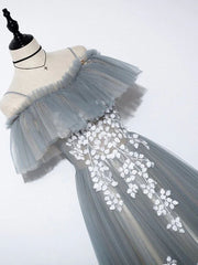 Party Dress Classy Elegant, Gray Blue A line Tulle Lace Long Prom Dress, Gray Blue Graduation Dresses