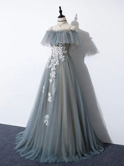Party Dress For Night, Gray Blue A line Tulle Lace Long Prom Dress, Gray Blue Graduation Dresses