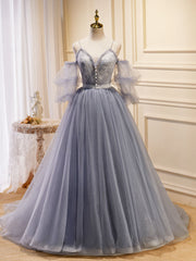 Wedding Guest Dress, Gray Blue A-Line Tulle Lace Long Prom Dresses, Gray Blue Formal Graduation Dress