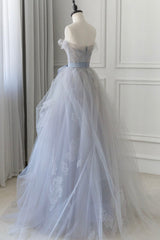 Formal Dress Long Elegant, Gray Blue Lace Long Prom Dress, Strapless Evening Party Dress