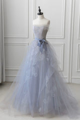 Formal Dress Prom, Gray Blue Lace Long Prom Dress, Strapless Evening Party Dress