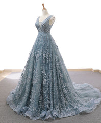 Prom Dress2035, Gray Blue Tulle Lace Long Prom Dress Gray Blue Lace Evening Dress