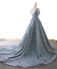 Prom Dressed 2035, Gray Blue Tulle Lace Long Prom Dress Gray Blue Lace Evening Dress