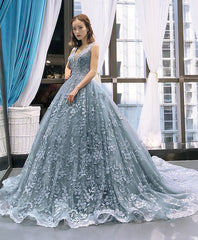 Prom Dresses2035, Gray Blue Tulle Lace Long Prom Dress Gray Blue Lace Evening Dress