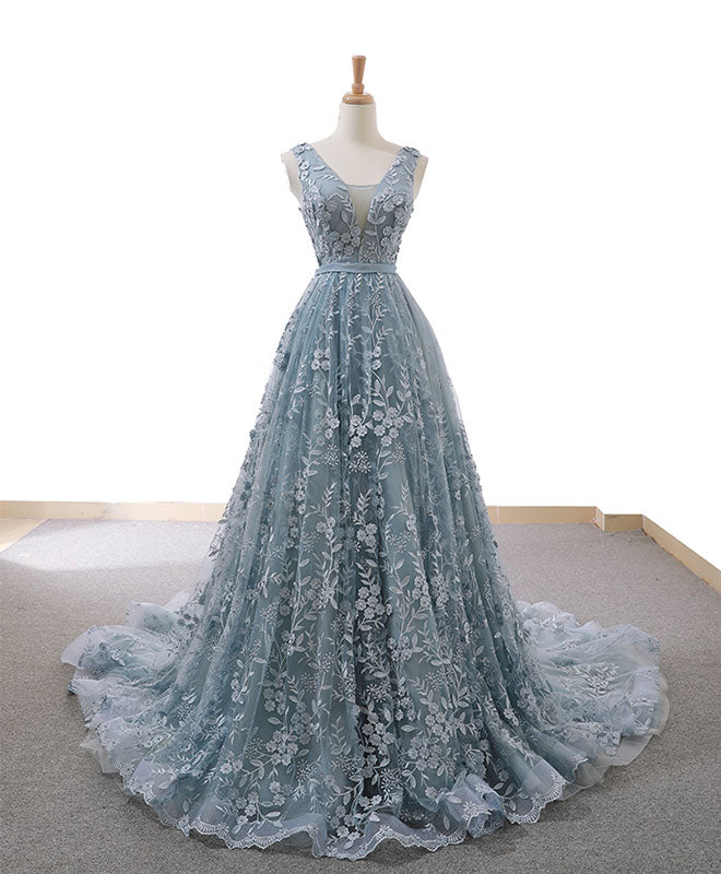 Prom Dresses Around Me, Gray Blue Tulle Lace Long Prom Dress Gray Blue Lace Evening Dress