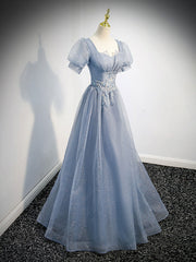 Party Dress For Girls, Gray Blue Tulle Long Prom Dress, Gray Blue Tulle Formal Evening Dresses