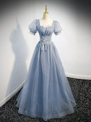 Party Dress Emerald Green, Gray Blue Tulle Long Prom Dress, Gray Blue Tulle Formal Evening Dresses
