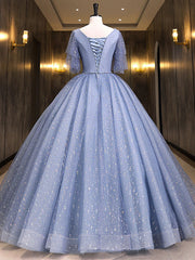 Wedding Inspo, Gray Blue V Neck Tulle Long Prom Dress, Blue Long Sweet 16 Dresses