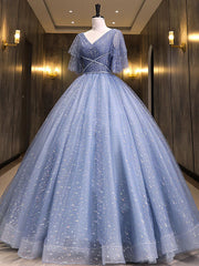 Beach Wedding Dress, Gray Blue V Neck Tulle Long Prom Dress, Blue Long Sweet 16 Dresses