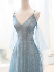 Short Dress Style, Gray Blue V Neck Tulle Sequin Long Prom Dress, Blue Evening Dress
