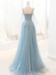 Women Dress, Gray Blue V Neck Tulle Sequin Long Prom Dress, Blue Evening Dress