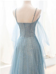 Maxi Dress Outfit, Gray Blue V Neck Tulle Sequin Long Prom Dress, Blue Evening Dress